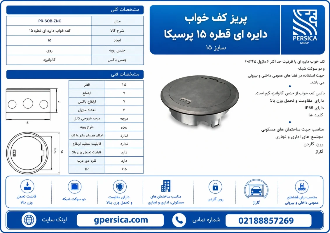 عکس اینفوگرافی پریز-کف-خواب-دایره-ای-قطر 15 و دارای IP44